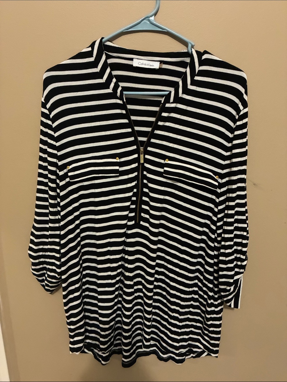 Calvin Klein Black & White Striped Zip Pullover